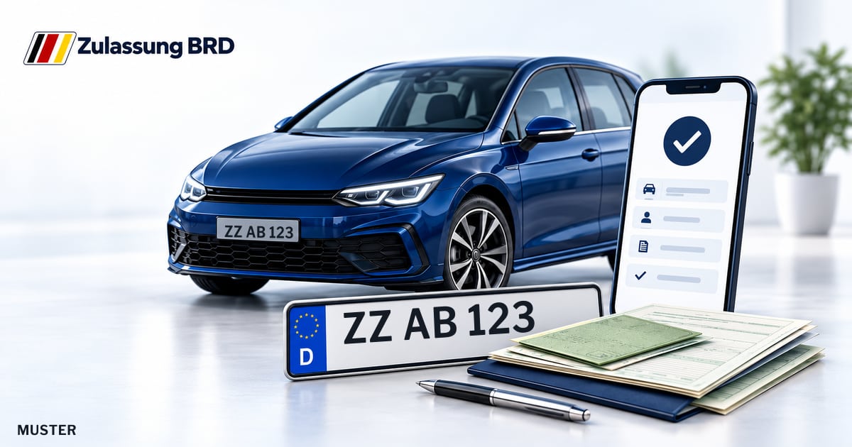 Online Fahrzeugzulassung in Naumburg (Saale): Musterkennzeichen ZZ AB 123, Auto und Fahrzeugpapiere und Smartphone. Illustration mit Logo von Zulassung BRD.